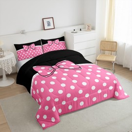 jejeloiu Cute Bowknot Bedding Set 3Pcs Queen Size Kids Polka Dots Comforter Set for Boys Girls Princess Themed Duvet Quilt Soft Lightweight,Pink Microfiber