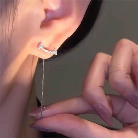 Inateannal CZ Threader Chain Earrings Long Threader Chain Drop Earrings Silver Rhinestone Stud Earrings Bar Threader Dangle Earrings Jewellery for Women and Girls, Zinc