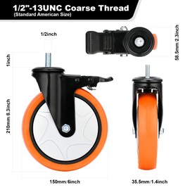 6 inch Threaded Stem Casters Set of 4 Heavy Duty 2000Lbs 1/2"-13 x 1 Castor Wheels Dual Locking Industrial Caster Swivel Caster with Brakes Safety Smooth No Noise Wheels for Cart, Furniture