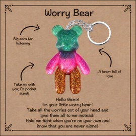 Pocket Bear Hug Keychain, Anxiety Relief Gift for Her Him, Mental Health Positivity Gift for Anxious Friend, Comforting Gifts for Son Daughter Back to School, Green Gold