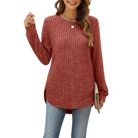 Aokosor Ladies Jumpers for Women UK Long Sleeve Tops Side Split Women Jumpers Curved Hem Ladies Tunic Tops Womens Jumper 10-12 Caramel