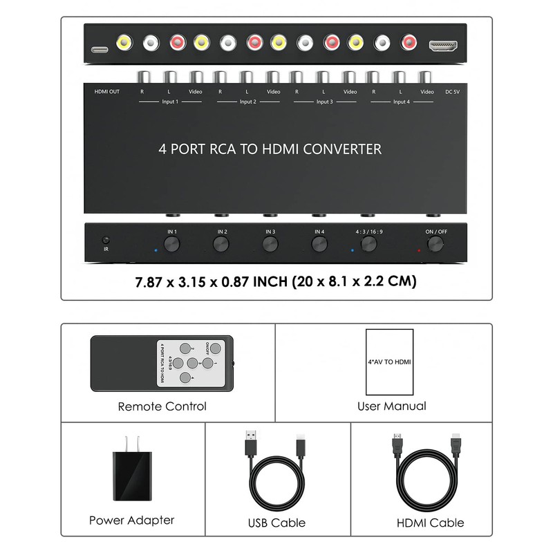 OseTub 4 Port RCA to HDMI Converter with UPGRADE TECHNOLOGY