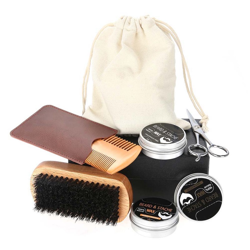 3pcs Beard Care Kit Balm Comb Brush Scissor Comb Bag