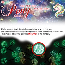 12 Pcs 25mm Hair Ties Hair Accessories for Girls Glitter Galactic Hair Ties with Balls Bubble Twinbead Ponytail Holders (Glow in the Dark Milky Way - Pink)