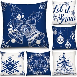 6 Pcs Christmas Pillow Covers Cushion Covers Decoration Christmas Pillow Cover Holiday Decor Throw Pillow Case for Sofa Couch Christmas Office Bedroom Decorations (Blue Style,16 x 16 Inch)
