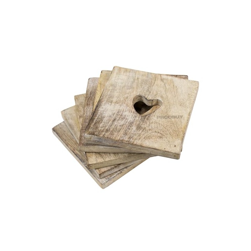 Set of 6 Square Heart Wooden Drinks Coasters with Holder