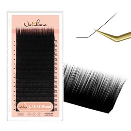 Natuhana Round Eyelash Extension 0.10 mm L Curl Classic Lash 8-15 mm Mixed Lash Supplies, Classic Individual Eyelash Extension (Black; 0.10 L, 8-15 Mix)