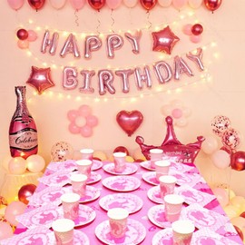 Huaxintoys Princess Birthday Tableware Set, Pink Birthday Set Including 16 Dessert Plates, 16 Cups, 20 Napkins and 1 Tablecloth for Girls, Birthday Gift, Party Decoration, Baby Shower