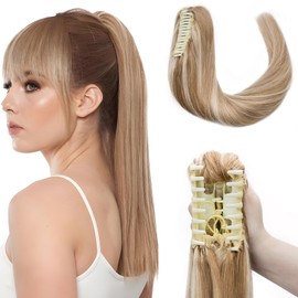 Elailite Real Hair Ponytail Hair Extensions 35 cm Hairpieces with Clip Remy Braid Human Hair #12/613 Golden Brown and Bleached Blonde