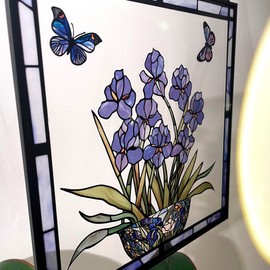 Blue Iris and Butterfly Stained Glass Suncatcher Window Panel | 7.8'' Real Glass Handcrafted Artwork | Nature-Inspired Decor for Home & Garden | Unique Gift for Nature Lovers