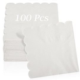 100 Pcs Cocktail Napkins, 2-Ply 5 x 5 Inches Disposable Scalloped Napkins, Thick Premium Dessert Napkins for Party, Wedding, Dinner, Birthday, Anniversary, Festival (White)