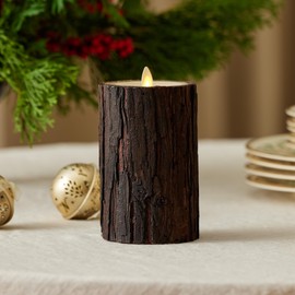 Luminara Ivory Flameless Real Bark Wood Pillar Moving Flame LED Candle, Recessed Top, Unscented Real Wax (3.5" x 6.5")