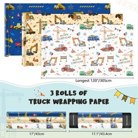 WERNNSAI Construction Wrapping Paper Rolls - 3 Short Rolls Birthday Wrapping Paper Rolls Kids Boys Wrapping Paper Rolls Trucks Wrapping Paper Blue Yellow White Gift Wrapping Paper with Cut Lines 17 in x 10 ft