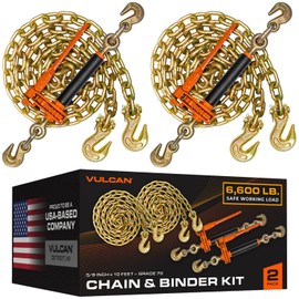 VULCAN Chain and Load Binder Kit - (2) Grade 70 3/8 Inch x 10 Foot Chains and (2) Folding Handle Load Binders - 4,700 Pound Safe Working Load