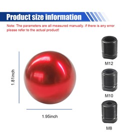 UHANBUT Car Round Ball Gear Shift Knob, Aluminum Alloy Auto Gear Stick Handle Head with M8/M10/M12 Adapters, Vehicle Transmission Shift Lever Replacement Accessories Fit Most Manual Cars (Red)