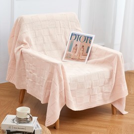 Aganear Knit Throw Blanket for Couch, Checkered Cable Knitted Throw Blanket for All Seasons, Soft Cozy Lightweight Chunky Knit Blanket for Bed Office Travel Boho Pink Decor (50"x60", Cream)