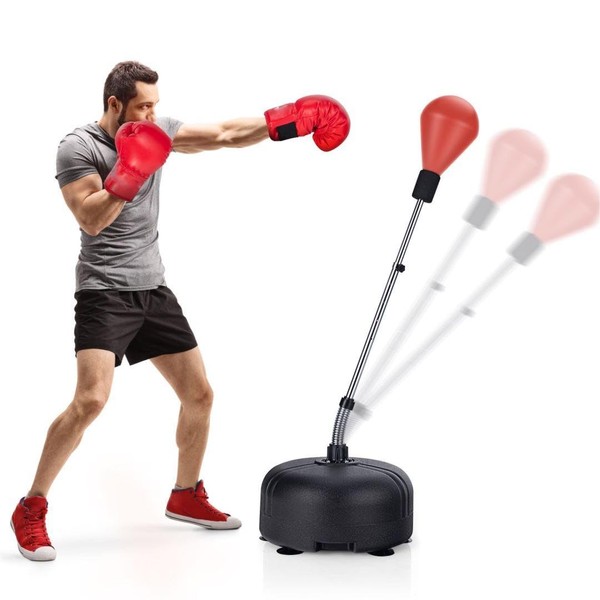 SPOTRAVEL Freestanding Punching Bag, Integrated PU Reflex Bag with 6 Suction Cups, Stable Base and Gloves, Height Adjustable Boxing Equipment for Stress Relief & Fitness