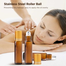 Essential Oil Roller Bottles, 10ml Thick Glass Perfume Roller Bottles with Funnel Opener and Dropper Colored Glass Empty Bottles with Stainless Steel Roller Balls (Brown - golden cover, 4 Pack)