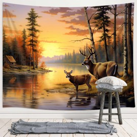 Elk Tapestry,Autumn Pine Forest Deer Hunting Scene Wall Hanging,Wild Animal Stream River Cabin Fall Sunset Tapestries for Bedroom Living Room Dorm TV Background,60X50IN