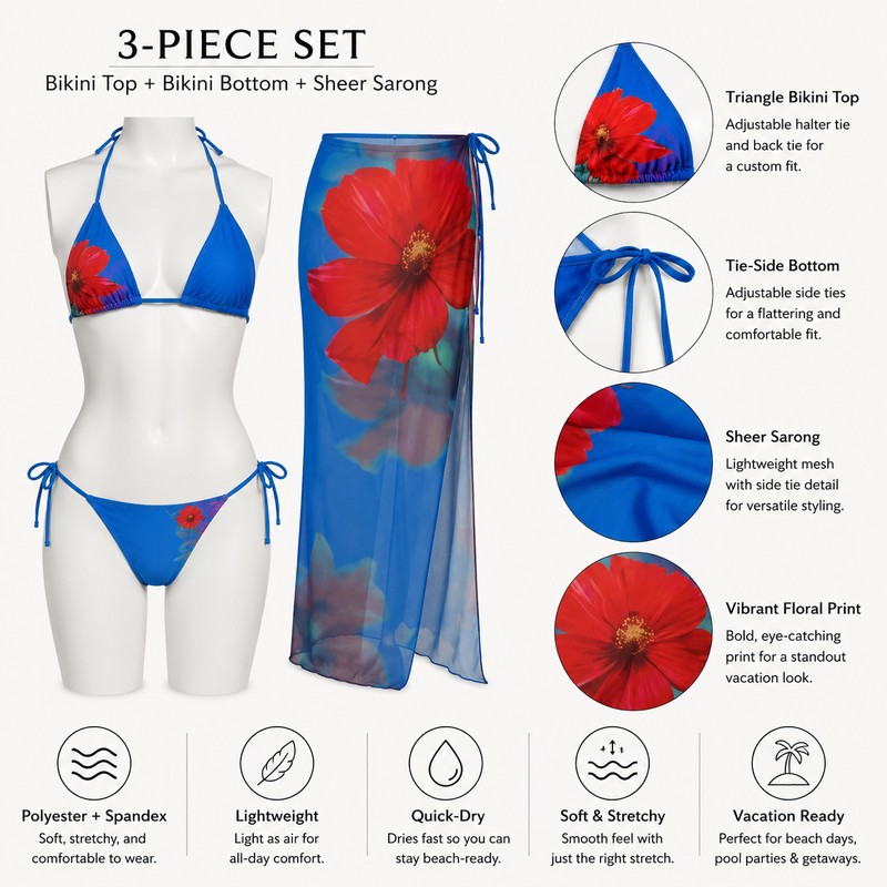 Blue Floral 3-Piece Bikini Set for Women – Stretch Swimwear