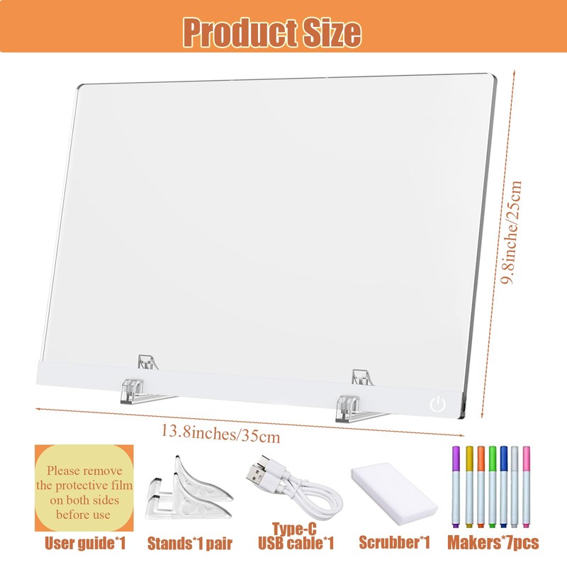 LED Drawing Board, 13.7"X10" LED Note Board with Colors, Light