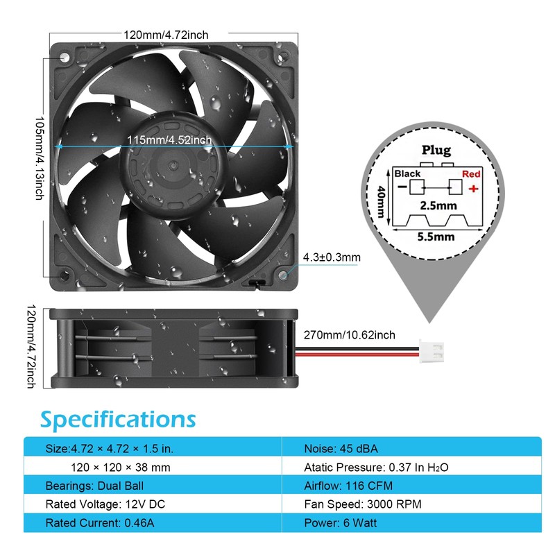 Wathai 120mm x 38mm 12V DC IP68 Waterproof Exhaust Fan,