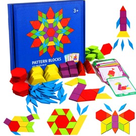 155 Pcs Wooden Pattern Blocks Set - Geometric Shape Puzzle Kindergarten Classic STEM Educational Montessori Tangram Toys with 24 Pcs Design Cards for Kids Boys Girls Ages 4-8