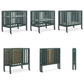 Dream On Me Jett Mini Folding Baby Crib in Olive, GreenGuard Gold & JPMA, Lightweight & Portable, Patented Flat Folding System for Small Spaces & Travel, 1.5” Mattress Pad, 3 Heights, Safe Wheels