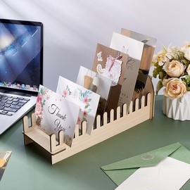 PH PandaHall 14 Slot Wooden Greeting Card Display Stand Postcard Holder Display Stand, Wooden Sticker Display Stand Tabletop Postcard Display for Table Retail Counter Desk Photo Mail Stamp
