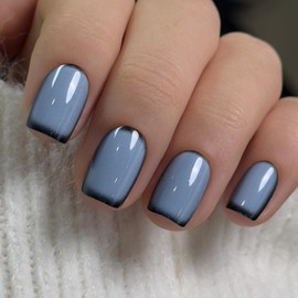 CurvLife Press on Nails Short Square Blue Ombre, 30PCS Glossy Acrylic Fake Nails with Design, Full Cover Reusable Glue on Nails Kit with Nail Glue, Adhesive Tabs & Nail File