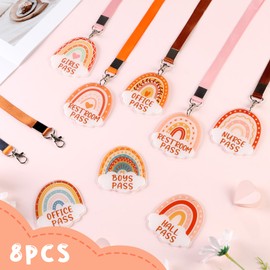 CORNER LACE 8Packs Boho Acrylic Hall Pass Lanyards Set, Unbreakable School Passes & Soft Lanyards Set, Elementary Middle School/Teacher Supplies for Classrooms Hall Library Restroom Nurse Office