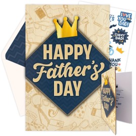 Decorably Laser-Engraved Wooden & Gold-Foiled Happy Fathers Day Card for Dad with Die-Cut Greeting, 5x8in Father's Day Card for Dad with Envelope & Stickers, Step Fathers Day Card with Printed Message