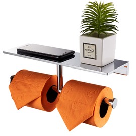 Double Roll Toilet Paper Holder with Shelf Solid Brass and Superior Hotel Style Tissue Dispenser Spared Storage Polished Chrome Finish