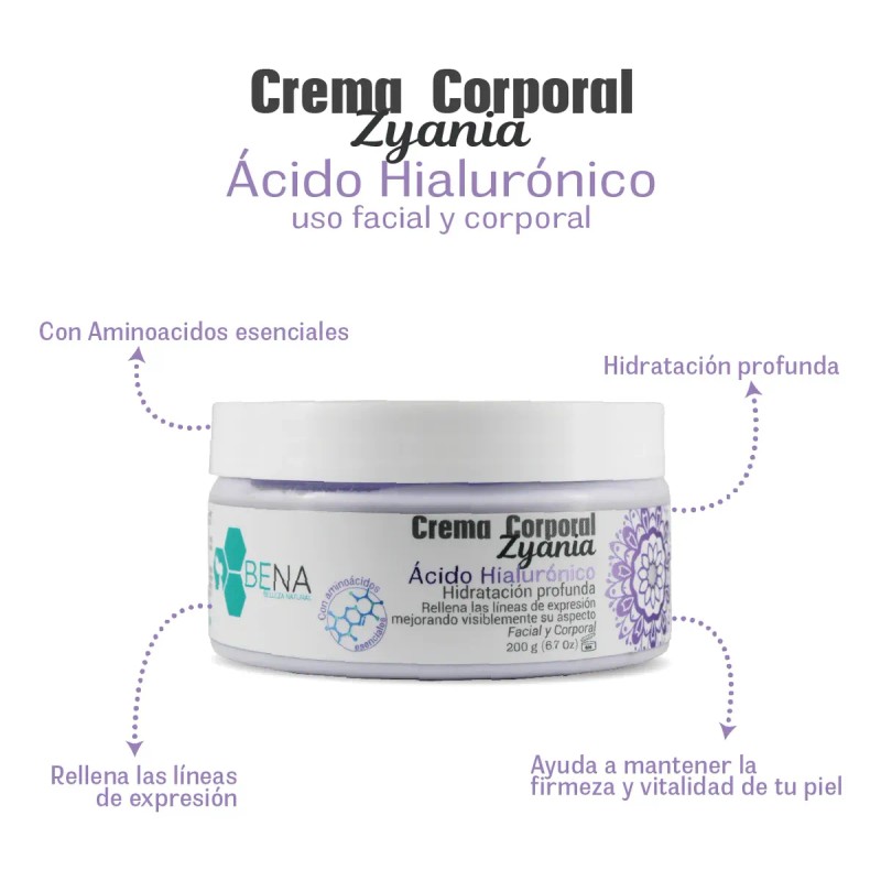 Crema Ácido Hialurónico Hidratante Zyania Bena 200g