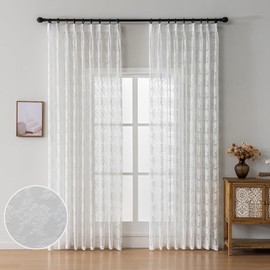 LUGOTAL Pinch Pleated Curtains White Sheer Curtains 84 Inches Long 1 Panel - Embroidered Flower Pattern Semi Sheer Curtains Light Filtering Pinch Pleat Window Drapes for Living Room, W54 x L84