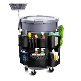 Hongmed Trash Can Caddy Bag: 1680D Fabric Heavy-Duty Cleaning Caddy with Adjustable Buckle fits 32-55 gal Trash Can, Multi-Pockets Cleaning Tool Organizer for House Cleaners & Janitorial Duties