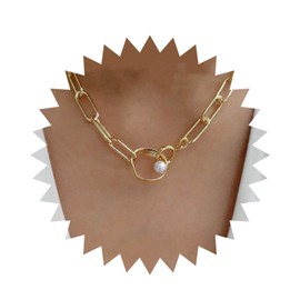 Allereya Vintage Pearl Circle Pendant Necklace Circle Pearl Necklace Single Pearl Pendant Necklace Gold Paperclip Chain Necklace Jewelry for Women and Girls