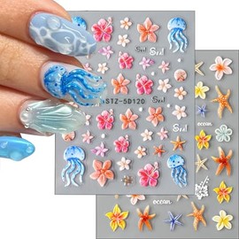 ONPRESS 2 Sheet 5D Embossed Colorful Starfish Flower Nail Stickers Spring Summer Floral Nail Art Stickers Blue Ocean Jellyfish Nail Decals Vacation Mix-Color 3D Self-Adhesive Nail Supplies Nail Decor