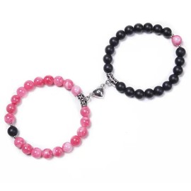Set Of 2 Couples Bracelet Magnetic Healing Natural Bead Stone Stretch Bracelet Unisex Anniversary, Friendship, Valentine, Christmas Gift (Black+Pink, Without Giftbox)