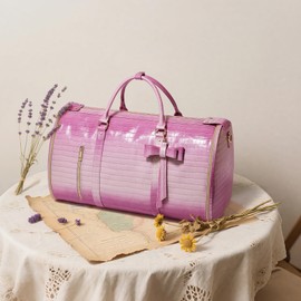 STHMEOOHT Garment Bags for Travel, 2-in-1 Convertible Travel Garment Duffle Bag for Women, Foldable Carry On Garment Bag with Shoe Compartment & Toiletry Pocket, PU Leather Weekender Bag, Pink-White