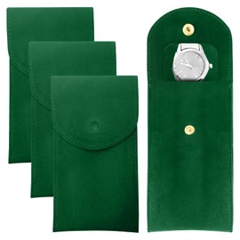 LOMSUXA Pack of 3 Velvet Watch Bags, Single Watch Storage Bag, Watch Travel Case, Portable Watch Organiser with Hinged Lid for Watch Rings, Jewellery, Coins, 13 x 7 cm (Emerald Green)