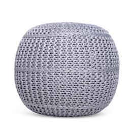 BIRDROCK HOME Round Pouf Foot Stool Ottoman - Knit Bean Bag Floor Chair - Cotton Braided Cord - Great for The Living Room, Bedroom and Kids Room - Small Furniture (Soft Silver)