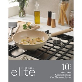 Gibson Elite Folkstone 10 Inch Heavy Duty Cast Aluminum Fry Pan Cookware Non-Toxic Premium Ceramic Non Stick Frying Pan, Kitchen Egg Pan, Omelet Pan, Linen White W/Wood Handle, Induction Safe