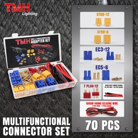TMH 70 Pcs T-Plug / EC3 / EC5 / XT60 / XT90 Male and Female Adapter Connector Plug with Silicone Wire + Heat Shrink Tube for RC ESC Lipo Battery Motor (70 PCS)