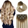 SAFIRENY Clip in Hair Extensions Real Human Hair Double Weft Balayage Color Walnut Brown To Ash Brown And Golden Blonde,Clip in Hair Extensions,120g 18 Inch 6 Per Set With 18 Clips（#3/8/22,18")
