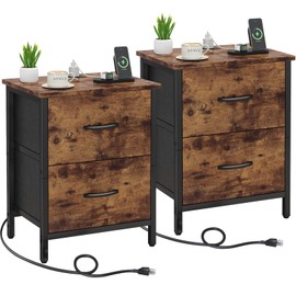 Vagusicc Nightstand Set of 2 with Charging Station, End Table Bedside Table with Power Outlet & USB Ports, Side Table with 2 Fabric Drawers for Bedroom, Living Room, Rustic Brown