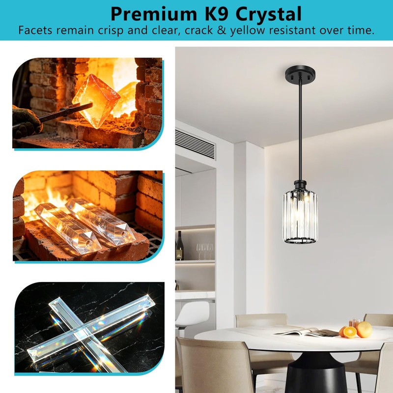 Onwecen Black Pendant Light, Modern Crystal Pendant Lights, Kitchen Island