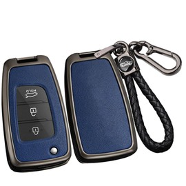 SANRILY PU Leather 3/4 Button Key Fob Cover Fit for Hyundai Accent 2022 Tucson 2021 Kona Santa Fe Venue Sonata Veloster Keyless with Keychain Black-blue