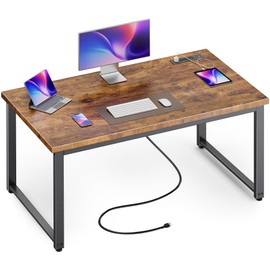 Huuger 48 Inch Desk with Power Outlets & USB-C, Deeper & Thicker Desktop, Robust Metal Tubes, Computer Desk, Heavy Duty Office Desk, Work Gaming Desk for Home Office, Rustic Brown