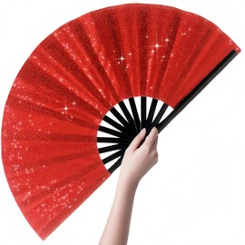 13inch Large Sparkly Clack Fans for Line Dancing with Bomboo Bones, Boots on the Ground Hand Fan, Line Dance Popping Fan, Portable for Outdoor Festival Party, Wedding, Decoration, Gift（Red）